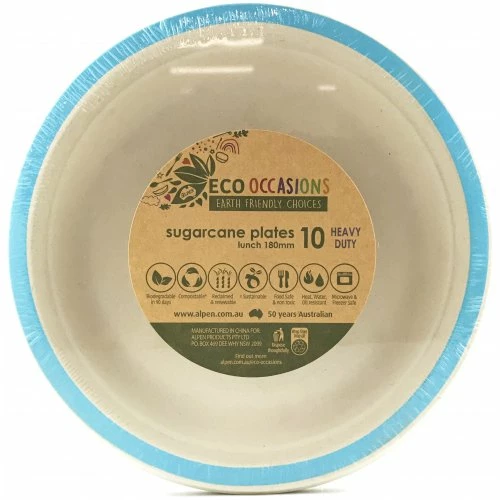 Alpen Sugarcane Lunch Plates 180mm Light Blue 10 Pack Eco Range