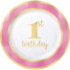 Party Animal Direct 1ST BIRTHDAY PINK 7" (19CM) ROUND PLATES (Premium)
