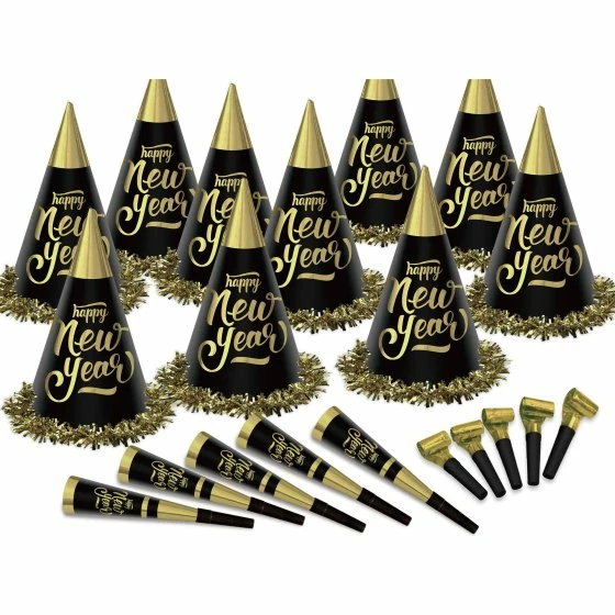 Party Animal Direct New Years Eve NEW YEAR'S PARTY BOX KIT BLACK & GOLD FOR 100 PEOPLE