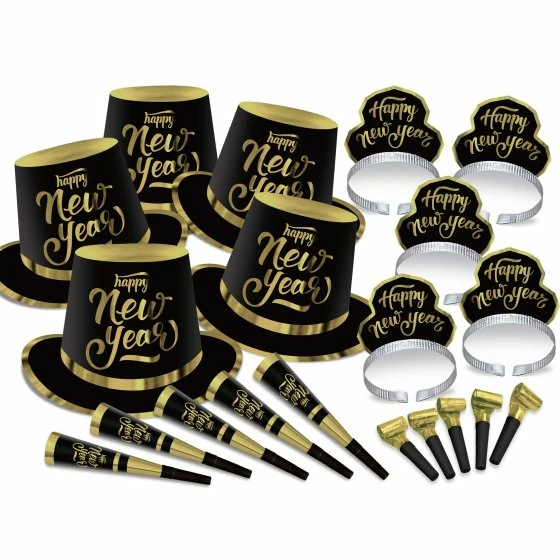 Party Animal Direct New Years Eve NEW YEAR'S PARTY BOX KIT BLACK & GOLD FOR 50 PEOPLE