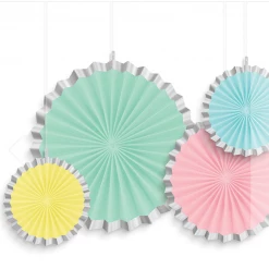 Party Animal Direct Gender Reveal PASTEL COLOURED AND SILVER RIM PAPER FAN DECORATIONS (PACK OF 4)