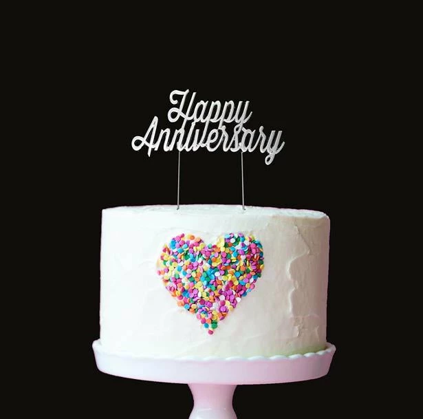Party Animal Direct Anniversary/Weddings HAPPY ANNIVERSARY SILVER METAL CAKE TOPPER
