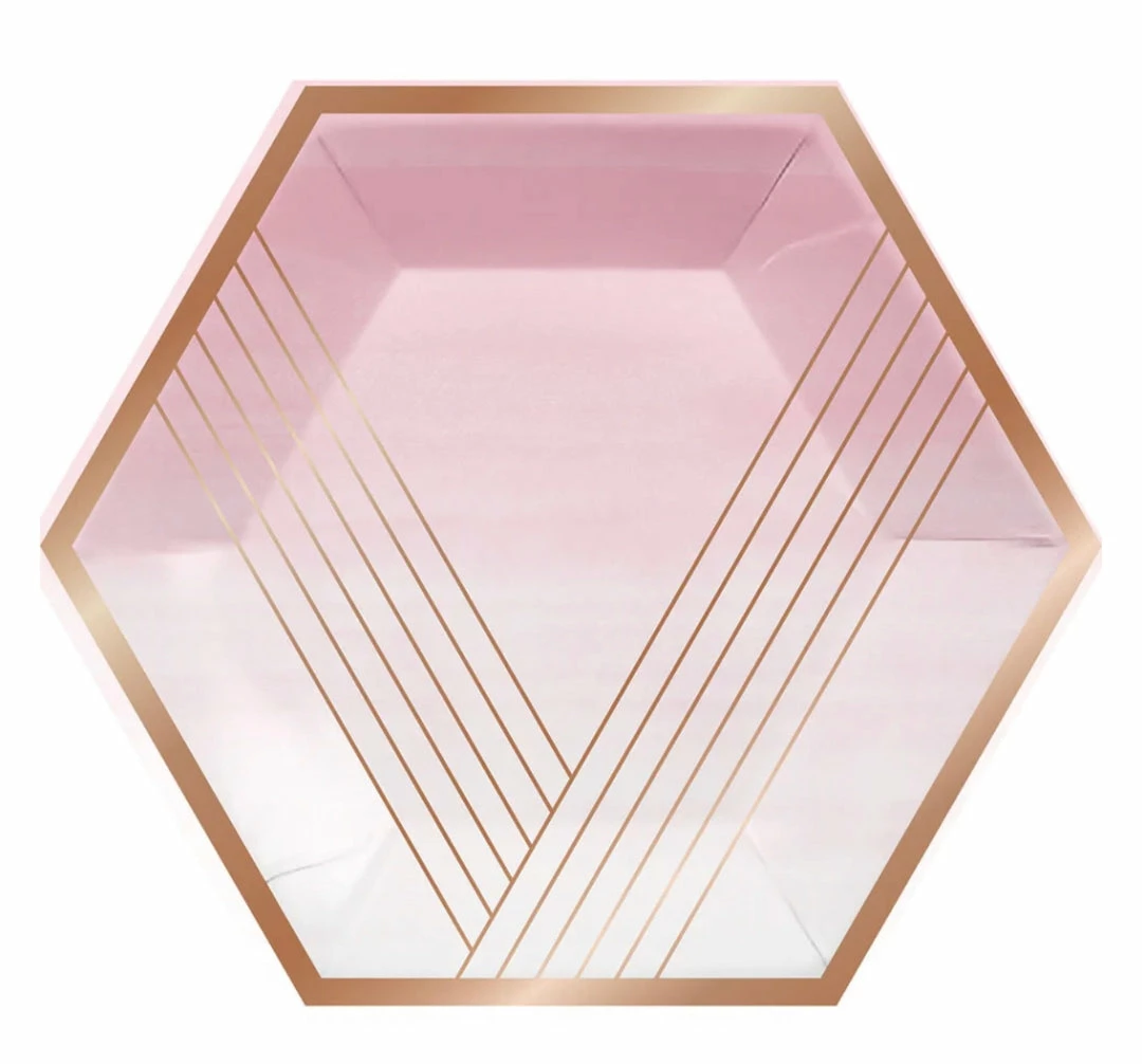 Party Animal Direct Bridal Shower / Bride To Be ROSE ALL DAY ROSE GOLD FOIL STRIPES HEXAGONAL PLATES