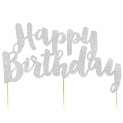 Party Animal Direct HAPPY BIRTHDAY SILVER GLITTER CAKE TOPPER