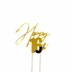 Party Animal Direct HAPPY 16TH GOLD METAL CAKE TOPPER 16th Birthday