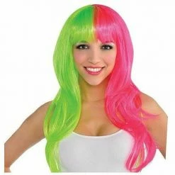 Party Animal Direct Glamorous Long Black Light Neon Pink & Green Wig