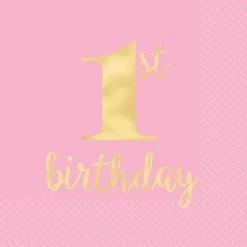 Party Animal Direct 1st Birthday Luncheon Napkins - Pink With Gold Foil Writing